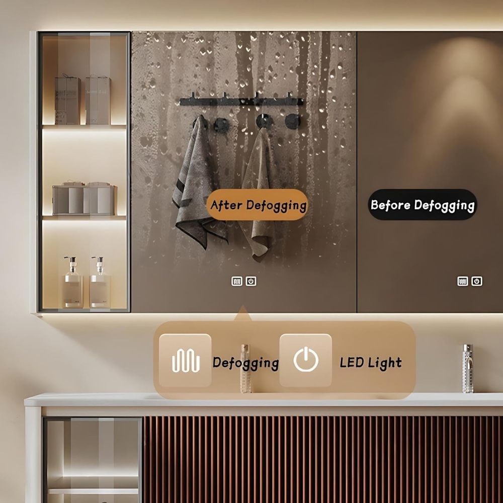 Modern Bathroom Vanity - with Sink and Anti-Fog Mirror | Seamless Integrated Stone Basin | Illuminated Glass Storage Cabinets | Heavy-Duty Soft-Close Drawers | Solid Wood(SMART Mirror-B,88 in)