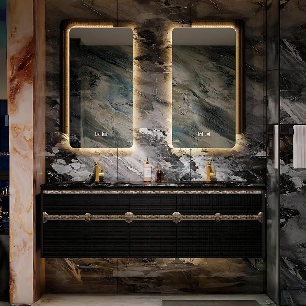 Modern Bathroom Vanity - with Sink and Anti-Fog Mirror | Black Textured Cabinet | with Gold Trim | Seamless Ceramic Basin | Soft-Close Drawers Hardware(SMART Mirror,84 in)