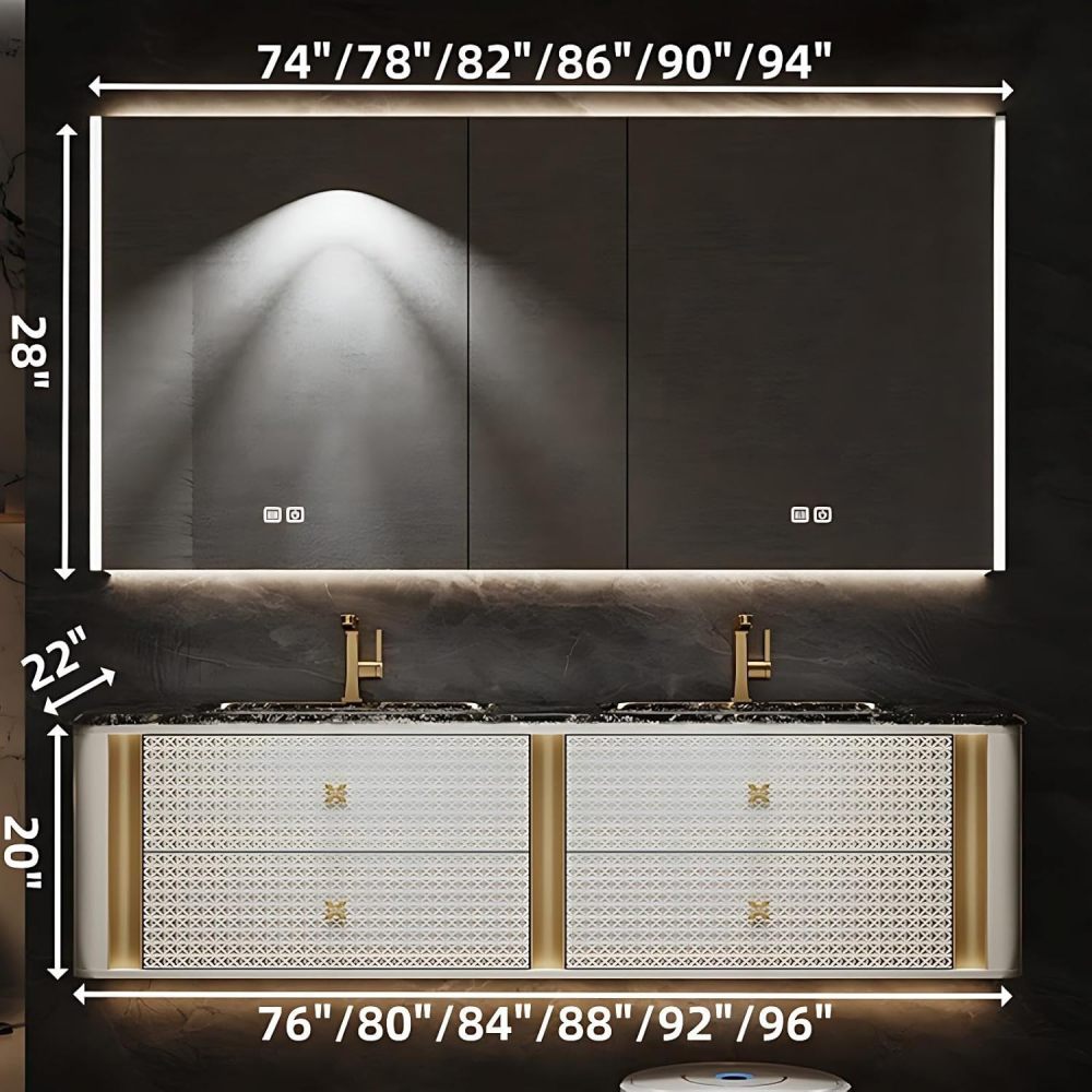 Modern Bathroom Vanity - with Sink and Anti-Fog Mirror | Cream Diamond Texture Cabinet | Gold Trim Handles | Undermount Sink | 4 Soft-Close Drawers | Sturdy and Durable(SMART Mirror,92 in)