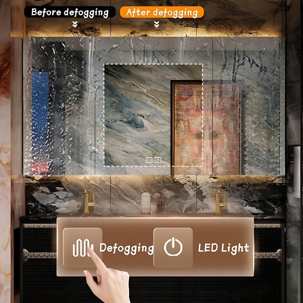 Modern Bathroom Vanity - with Sink and Anti-Fog Mirror | Black Textured Cabinet | with Gold Trim | Seamless Ceramic Basin | Soft-Close Drawers Hardware(SMART Mirror,84 in)