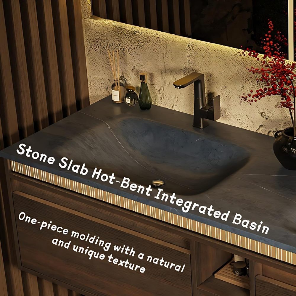 Modern Bathroom Vanity - with Sink and Anti-Fog Mirror | Integrated Stone Basin | Walnut Finish Vanity Cabinet | Large-Capacity Drawers | Open Shelves | Motion Sensor Light(Dark Color,88 in)