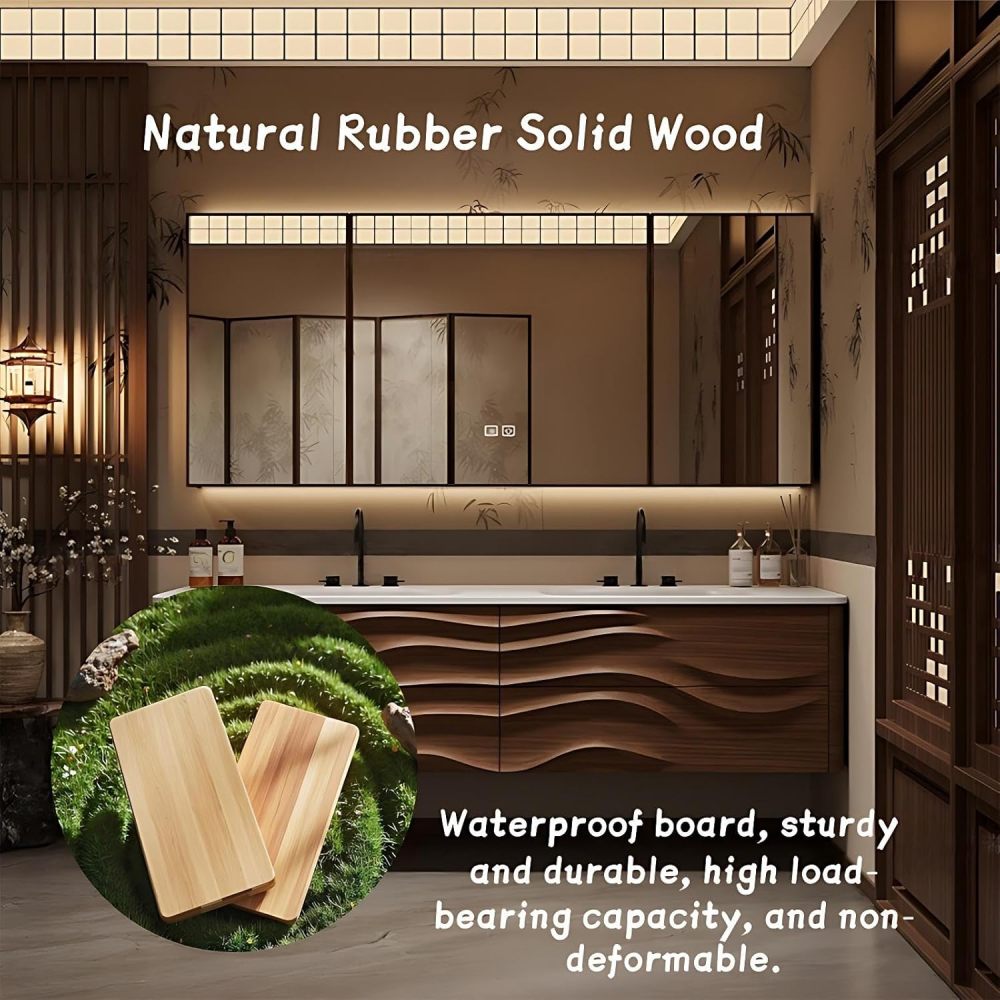 Modern Bathroom Vanity - with Sink and Anti-Fog Mirror | Integrated Sintered Stone Sink | Wave Carved Walnut Cabinet | Soft Close Drawers | Multi-Layer Solid Wood(Mirror Cabinet,80 in)