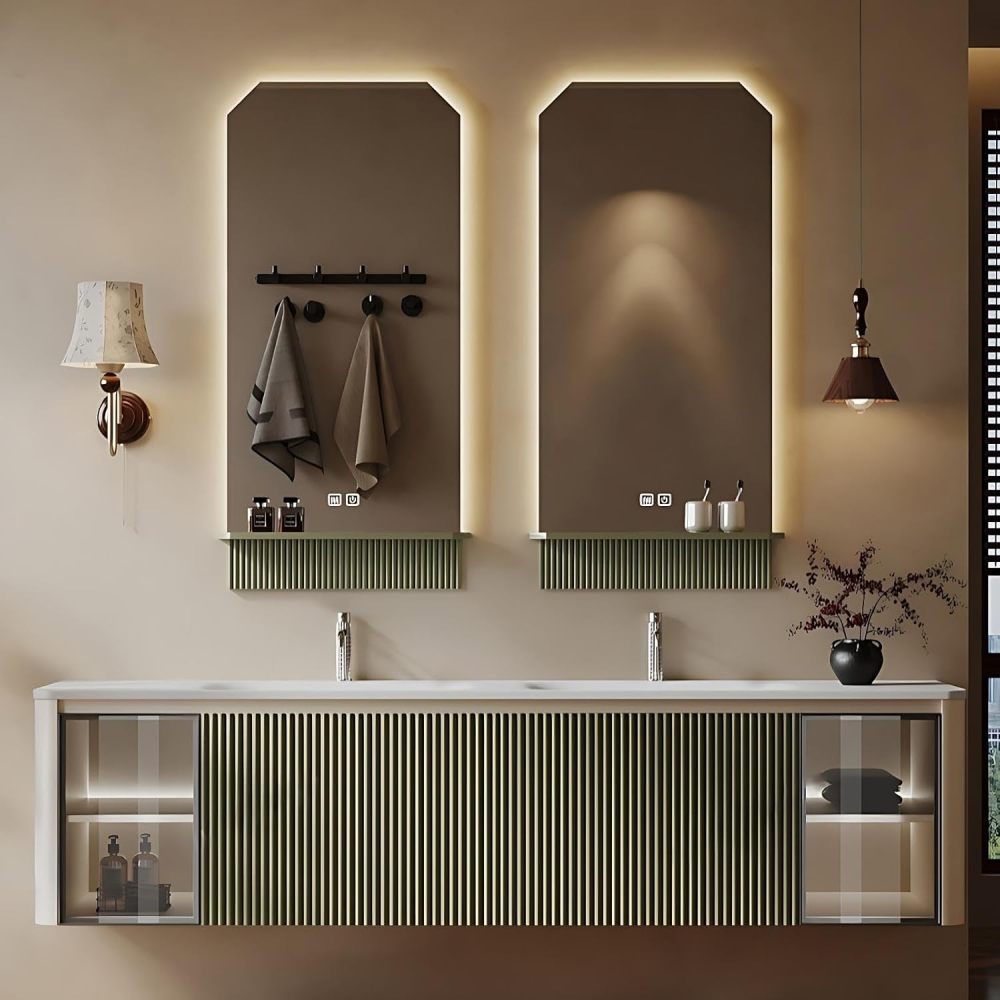 Modern Bathroom Vanity - with Sink and Anti-Fog Mirror | Seamless Integrated Stone Basin | Illuminated Glass Storage Cabinets | Heavy-Duty Soft-Close Drawers | Solid Wood(SMART Mirror-B,88 in)