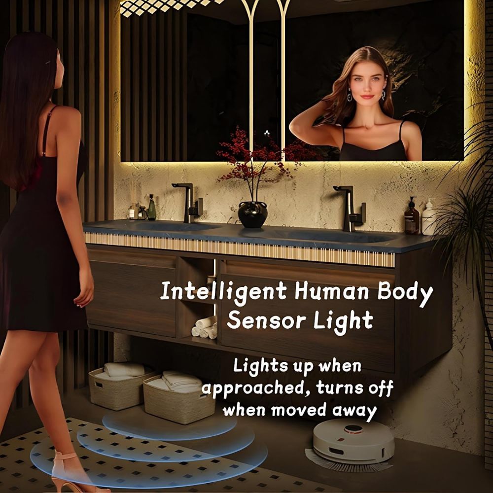 Modern Bathroom Vanity - with Sink and Anti-Fog Mirror | Integrated Stone Basin | Walnut Finish Vanity Cabinet | Large-Capacity Drawers | Open Shelves | Motion Sensor Light(Dark Color,88 in)