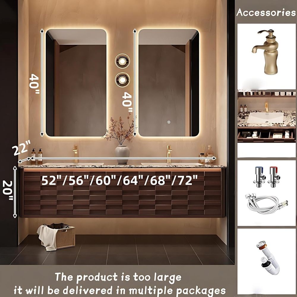 Modern Luxury Bathroom Vanity - with Sink and Anti-Fog Mirror | Deep Walnut Layered Texture Cabinet | Seamless Ceramic Basin | Soft Close Drawers | Multi-Layer Solid Wood(Double Sink-A,52 in)