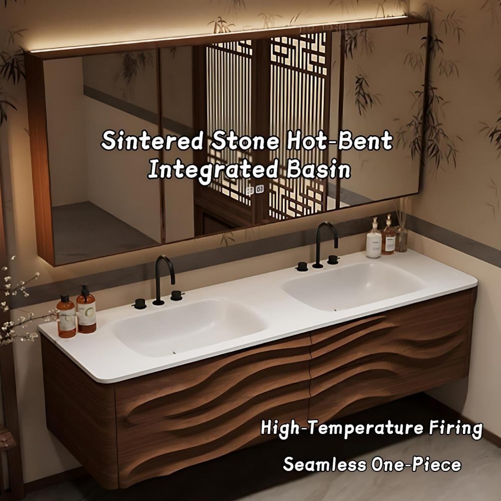 Modern Bathroom Vanity - with Sink and Anti-Fog Mirror | Integrated Sintered Stone Sink | Wave Carved Walnut Cabinet | Soft Close Drawers | Multi-Layer Solid Wood(Mirror Cabinet,80 in)