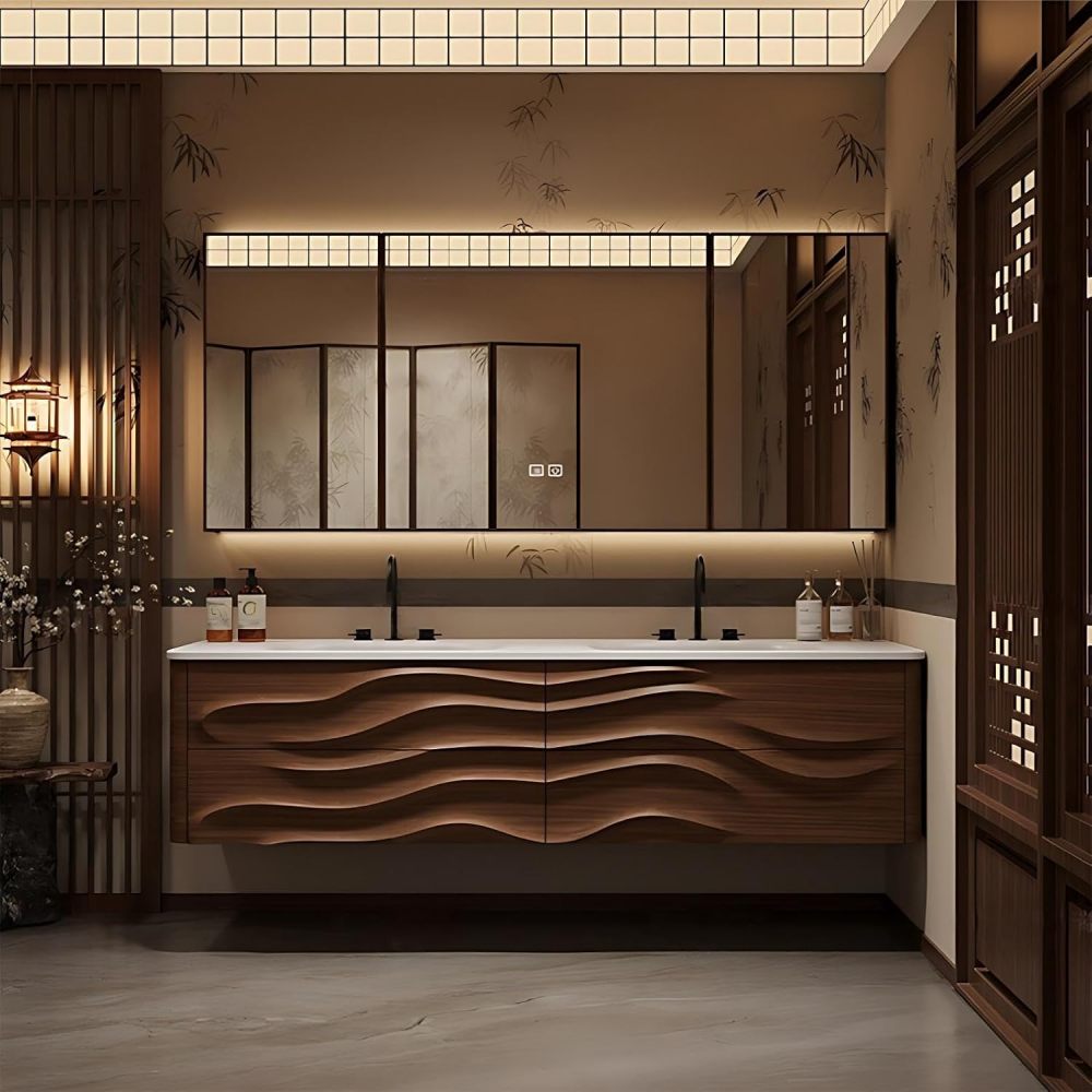 Modern Bathroom Vanity - with Sink and Anti-Fog Mirror | Integrated Sintered Stone Sink | Wave Carved Walnut Cabinet | Soft Close Drawers | Multi-Layer Solid Wood(Mirror Cabinet,80 in)