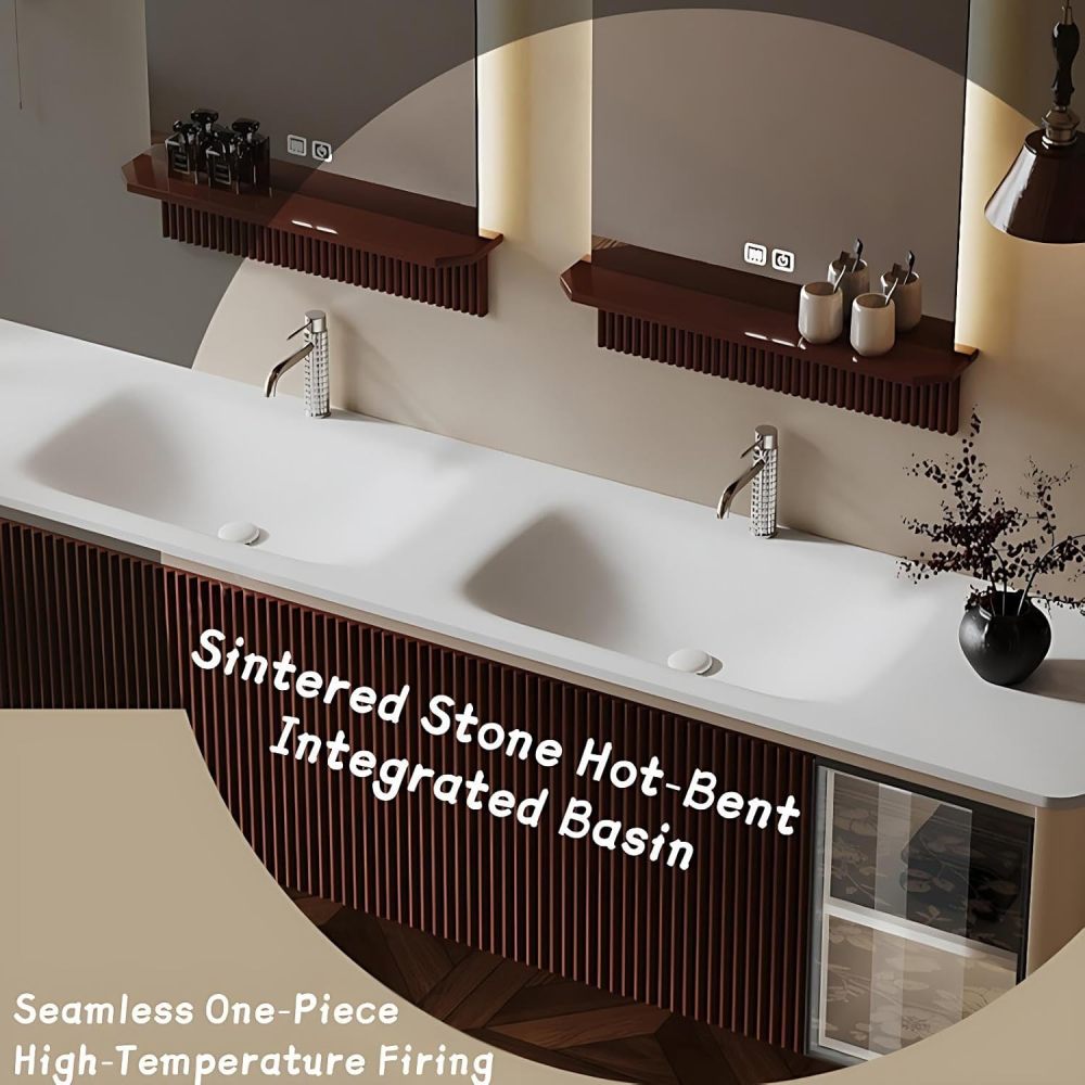 Modern Bathroom Vanity - with Sink and Anti-Fog Mirror | Seamless Integrated Stone Basin | Illuminated Glass Storage Cabinets | Heavy-Duty Soft-Close Drawers | Solid Wood(SMART Mirror-B,88 in)