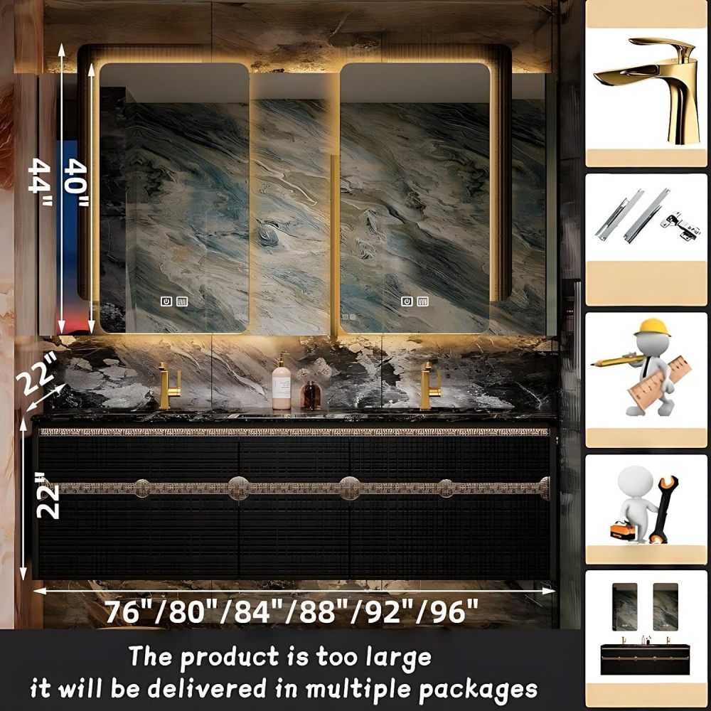 Modern Bathroom Vanity - with Sink and Anti-Fog Mirror | Black Textured Cabinet | with Gold Trim | Seamless Ceramic Basin | Soft-Close Drawers Hardware(SMART Mirror,84 in)