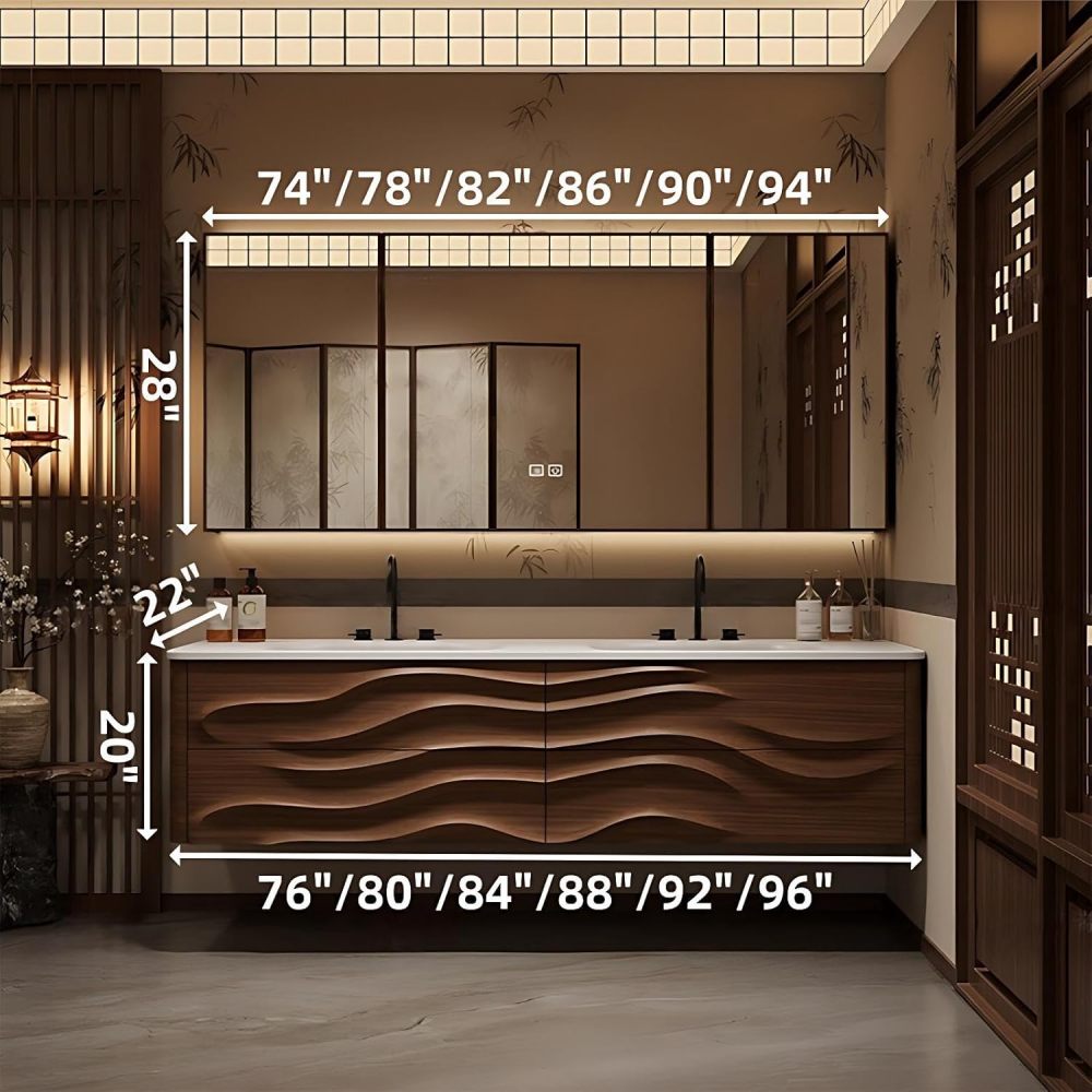 Modern Bathroom Vanity - with Sink and Anti-Fog Mirror | Integrated Sintered Stone Sink | Wave Carved Walnut Cabinet | Soft Close Drawers | Multi-Layer Solid Wood(Mirror Cabinet,80 in)