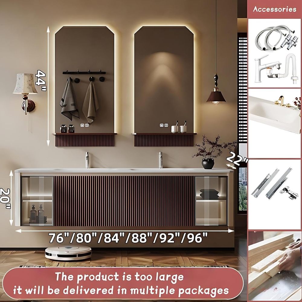 Modern Bathroom Vanity - with Sink and Anti-Fog Mirror | Seamless Integrated Stone Basin | Illuminated Glass Storage Cabinets | Heavy-Duty Soft-Close Drawers | Solid Wood(SMART Mirror-B,88 in)