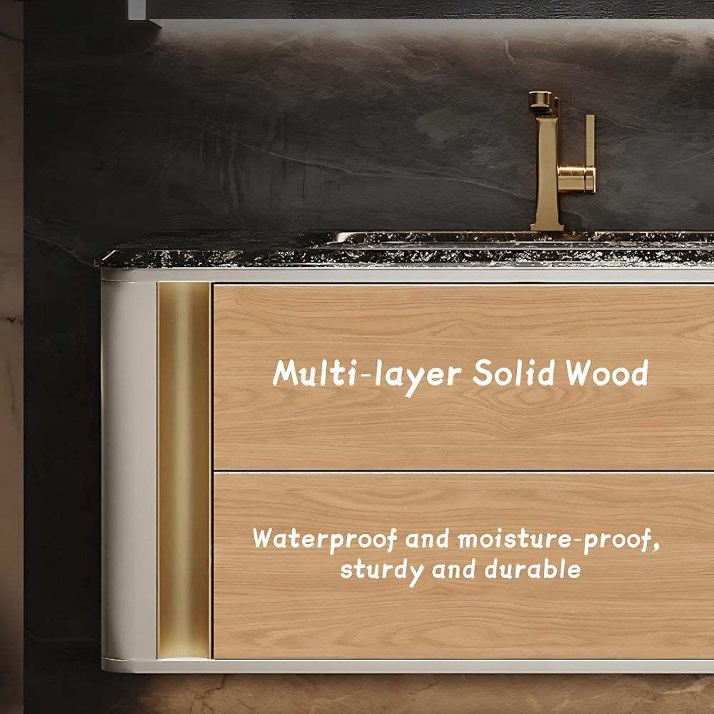 Modern Bathroom Vanity - with Sink and Anti-Fog Mirror | Cream Diamond Texture Cabinet | Gold Trim Handles | Undermount Sink | 4 Soft-Close Drawers | Sturdy and Durable(SMART Mirror,92 in)