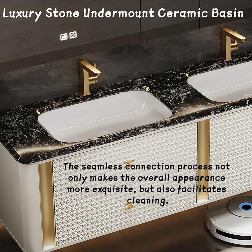 Modern Bathroom Vanity - with Sink and Anti-Fog Mirror | Cream Diamond Texture Cabinet | Gold Trim Handles | Undermount Sink | 4 Soft-Close Drawers | Sturdy and Durable(SMART Mirror,92 in)