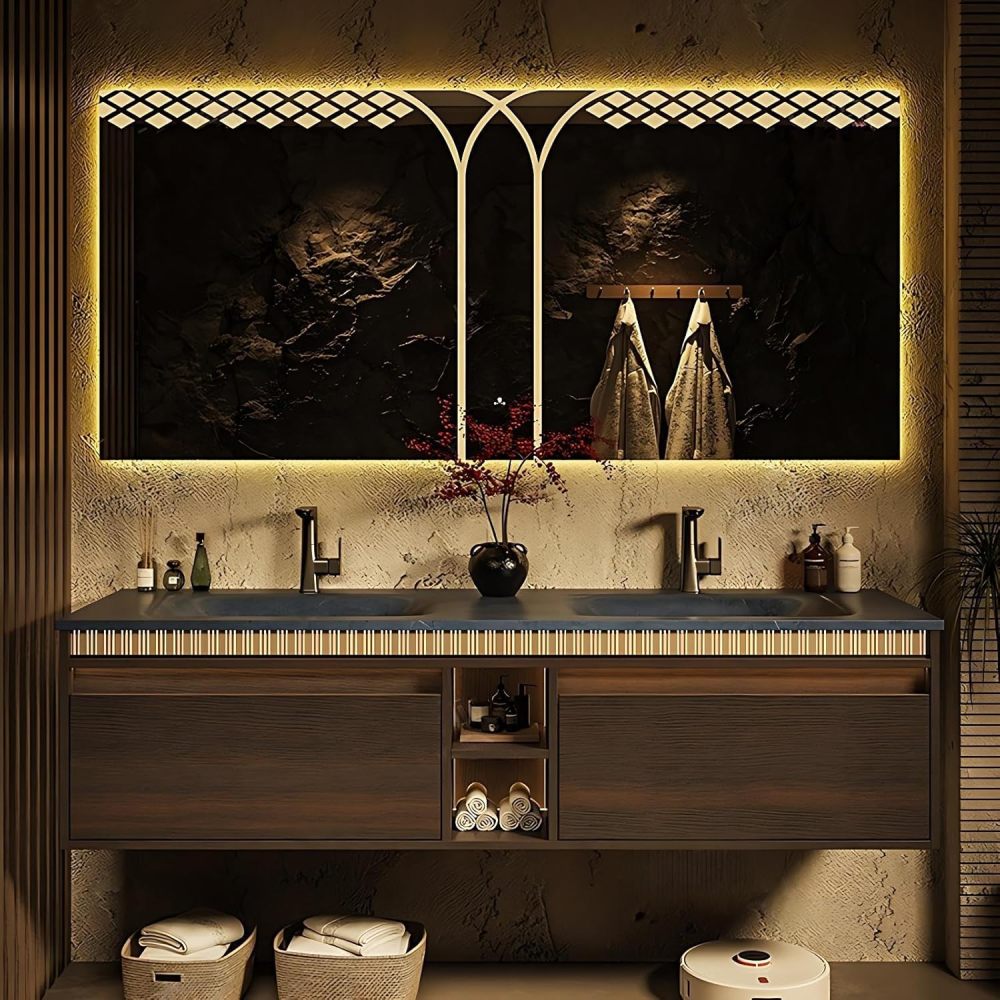 Modern Bathroom Vanity - with Sink and Anti-Fog Mirror | Integrated Stone Basin | Walnut Finish Vanity Cabinet | Large-Capacity Drawers | Open Shelves | Motion Sensor Light(Dark Color,88 in)