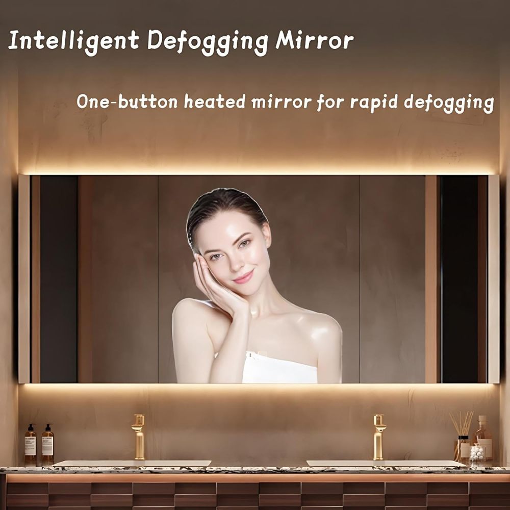Modern Luxury Bathroom Vanity - with Sink and Anti-Fog Mirror | Deep Walnut Layered Texture Cabinet | Seamless Ceramic Basin | Soft Close Drawers | Multi-Layer Solid Wood(Double Sink-A,52 in)