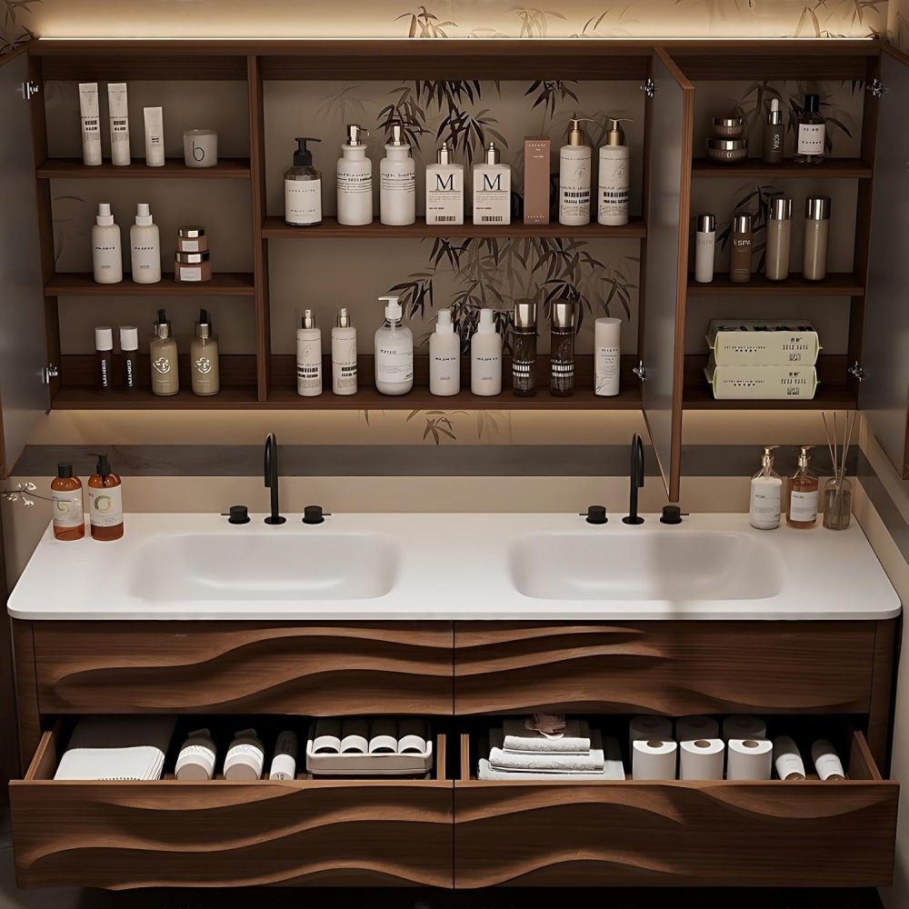 Modern Bathroom Vanity - with Sink and Anti-Fog Mirror | Integrated Sintered Stone Sink | Wave Carved Walnut Cabinet | Soft Close Drawers | Multi-Layer Solid Wood(Mirror Cabinet,80 in)