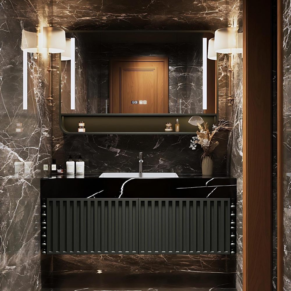 Modern Bathroom Vanity - with Sink and Anti-Fog Mirror | Vertical Textured Matte Cabinet | Seamless Ceramic Sink | Soft Close Drawers Hardware | Solid Wood(Dark Green,48 in)