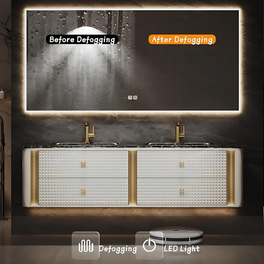 Modern Bathroom Vanity - with Sink and Anti-Fog Mirror | Cream Diamond Texture Cabinet | Gold Trim Handles | Undermount Sink | 4 Soft-Close Drawers | Sturdy and Durable(SMART Mirror,92 in)
