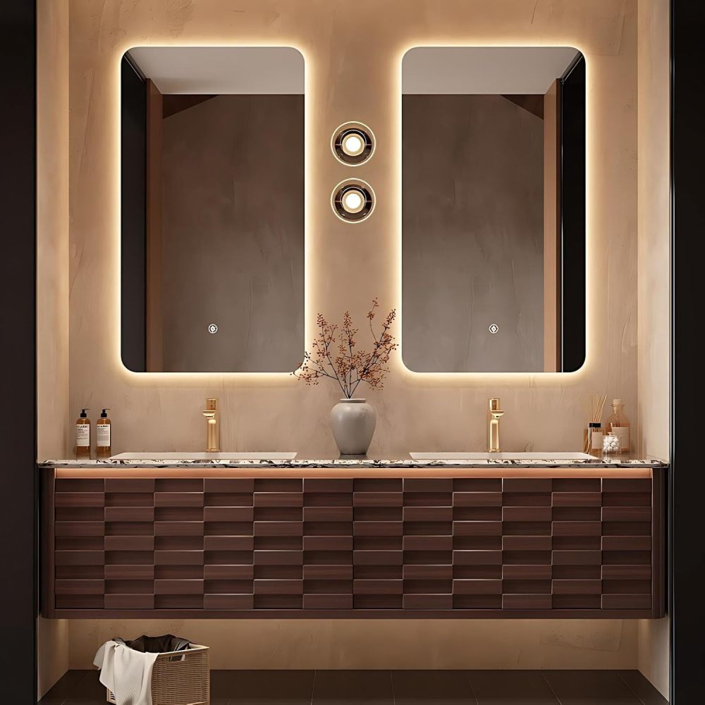 Modern Luxury Bathroom Vanity - with Sink and Anti-Fog Mirror | Deep Walnut Layered Texture Cabinet | Seamless Ceramic Basin | Soft Close Drawers | Multi-Layer Solid Wood(Double Sink-A,52 in)