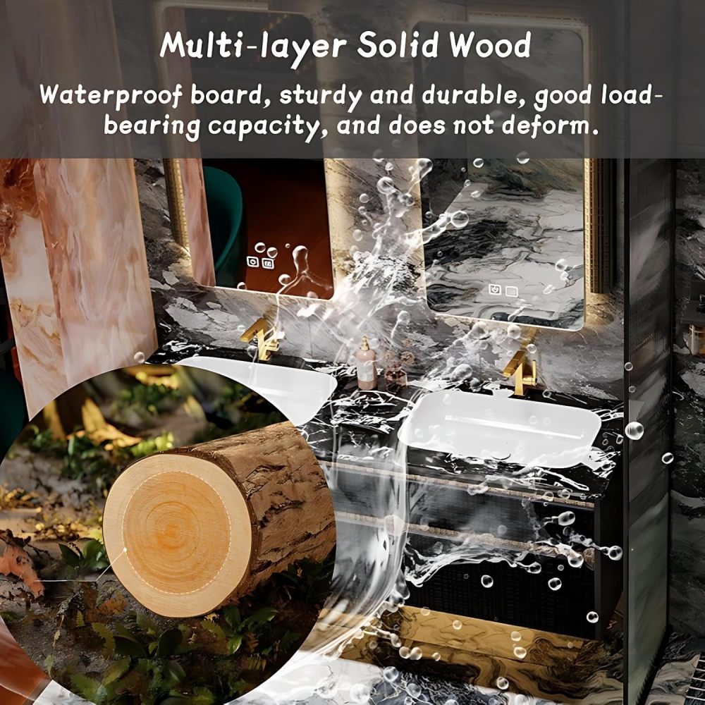 Modern Bathroom Vanity - with Sink and Anti-Fog Mirror | Black Textured Cabinet | with Gold Trim | Seamless Ceramic Basin | Soft-Close Drawers Hardware(SMART Mirror,84 in)