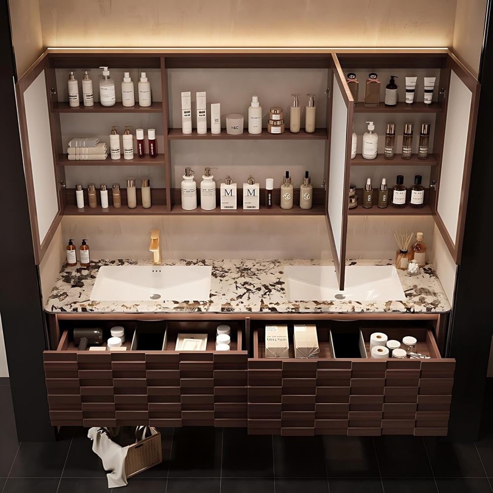 Modern Luxury Bathroom Vanity - with Sink and Anti-Fog Mirror | Deep Walnut Layered Texture Cabinet | Seamless Ceramic Basin | Soft Close Drawers | Multi-Layer Solid Wood(Double Sink-A,52 in)