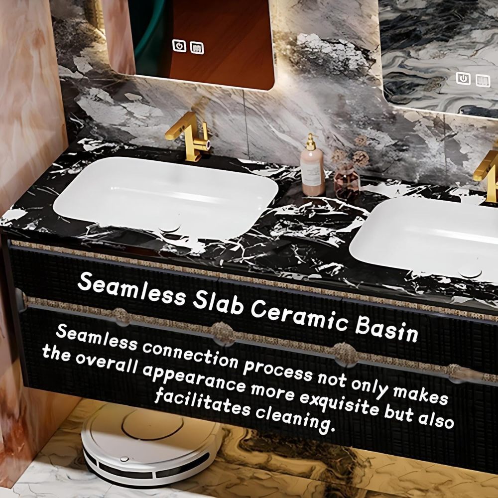 Modern Bathroom Vanity - with Sink and Anti-Fog Mirror | Black Textured Cabinet | with Gold Trim | Seamless Ceramic Basin | Soft-Close Drawers Hardware(SMART Mirror,84 in)