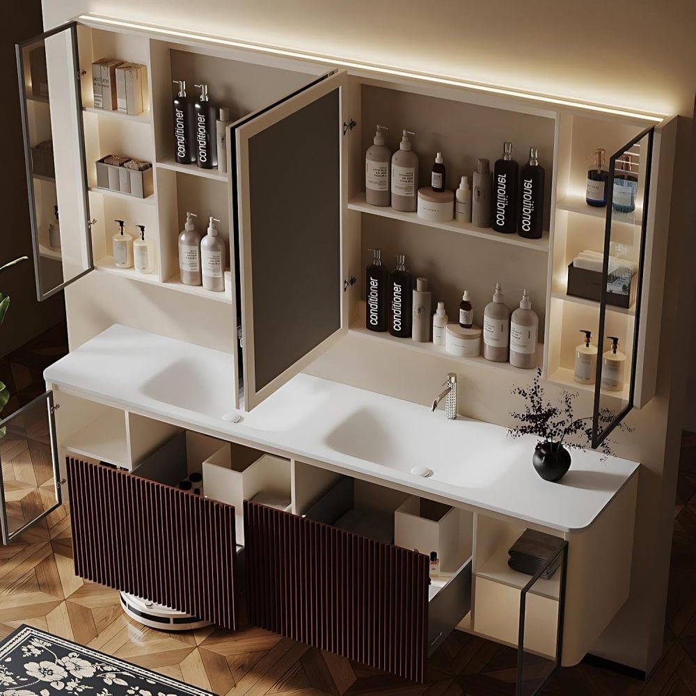 Modern Bathroom Vanity - with Sink and Anti-Fog Mirror | Seamless Integrated Stone Basin | Illuminated Glass Storage Cabinets | Heavy-Duty Soft-Close Drawers | Solid Wood(SMART Mirror-B,88 in)