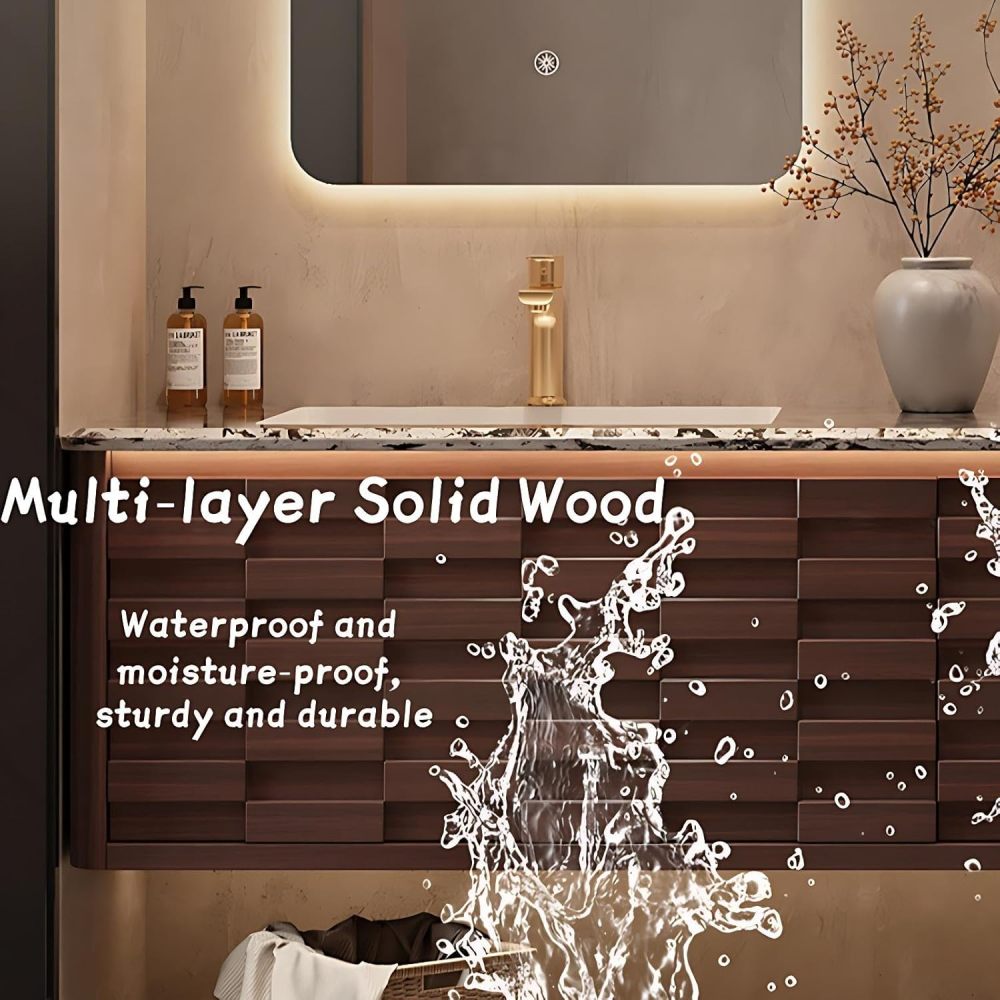 Modern Luxury Bathroom Vanity - with Sink and Anti-Fog Mirror | Deep Walnut Layered Texture Cabinet | Seamless Ceramic Basin | Soft Close Drawers | Multi-Layer Solid Wood(Double Sink-A,52 in)