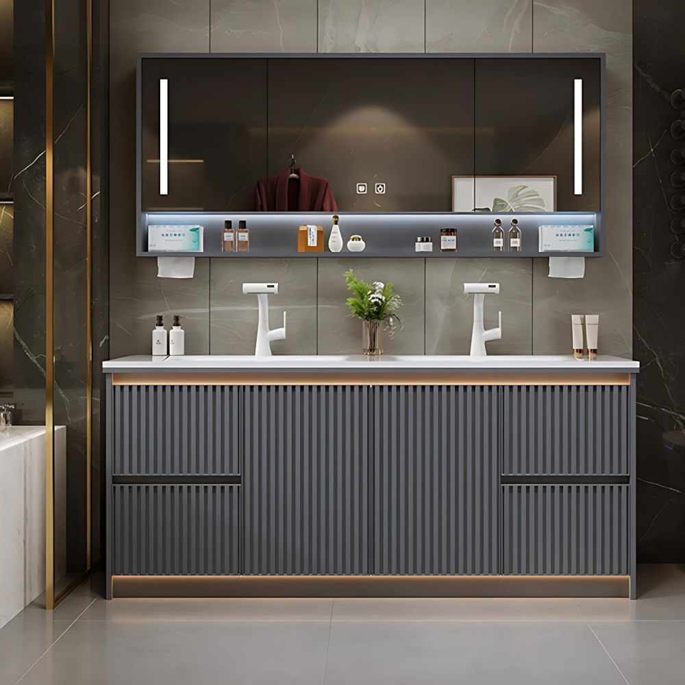 98IN Double Bathroom Vanity with Sink - Freestanding Bathroom Vanity | Luxurious and Spacious Design | Equipped with LED Smart Defogging Mirror | Ceramic Sink and Countertop | Oak Carving