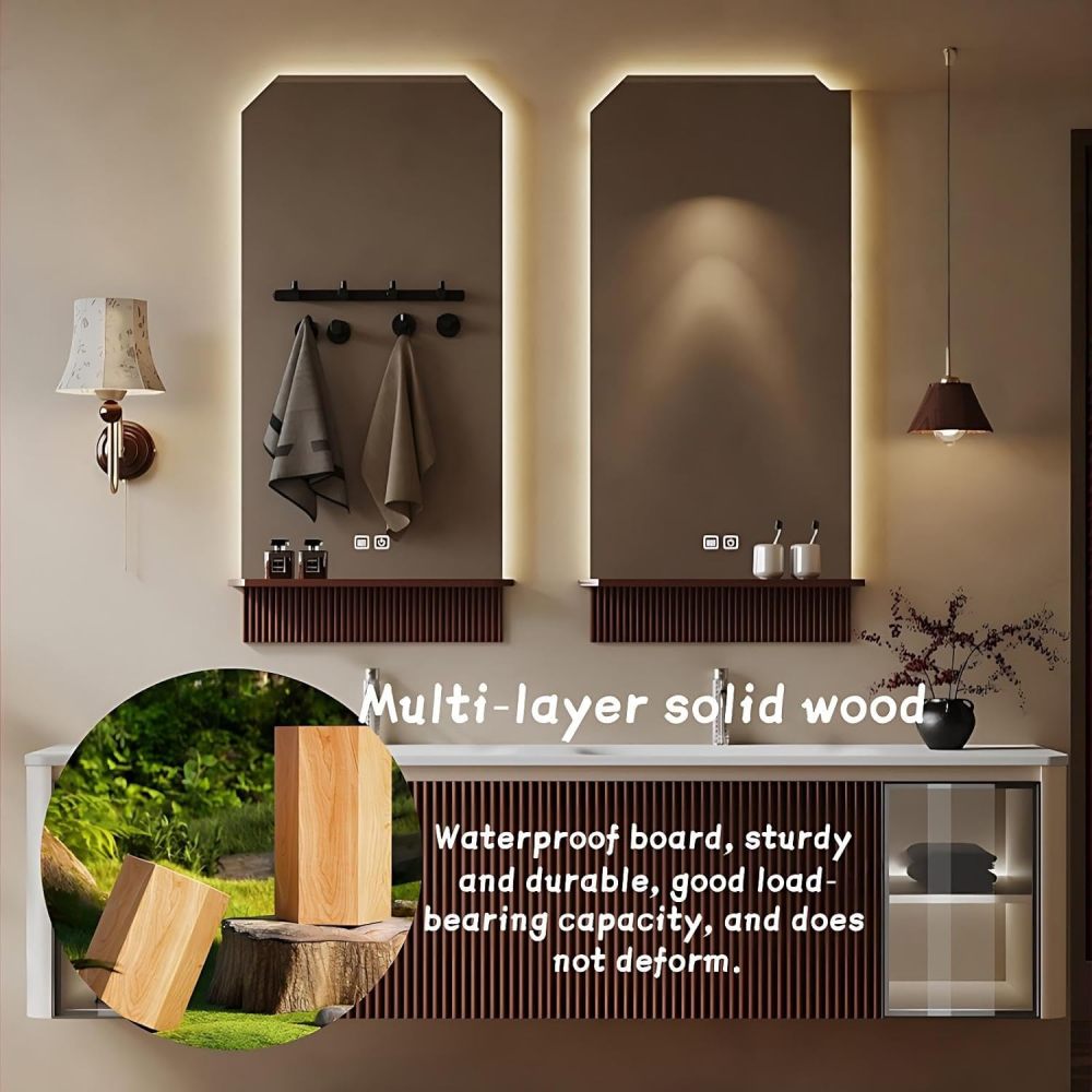 Modern Bathroom Vanity - with Sink and Anti-Fog Mirror | Seamless Integrated Stone Basin | Illuminated Glass Storage Cabinets | Heavy-Duty Soft-Close Drawers | Solid Wood(SMART Mirror-B,88 in)