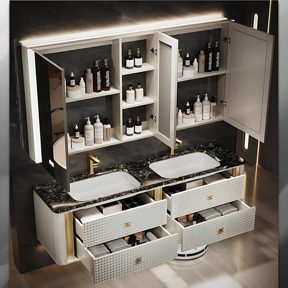 Modern Bathroom Vanity - with Sink and Anti-Fog Mirror | Cream Diamond Texture Cabinet | Gold Trim Handles | Undermount Sink | 4 Soft-Close Drawers | Sturdy and Durable(SMART Mirror,92 in)