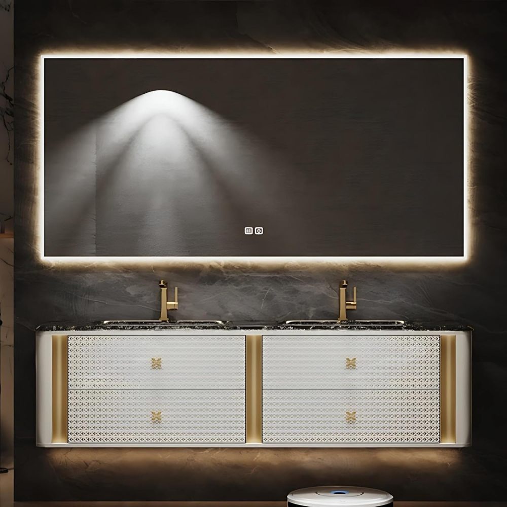 Modern Bathroom Vanity - with Sink and Anti-Fog Mirror | Cream Diamond Texture Cabinet | Gold Trim Handles | Undermount Sink | 4 Soft-Close Drawers | Sturdy and Durable(SMART Mirror,92 in)