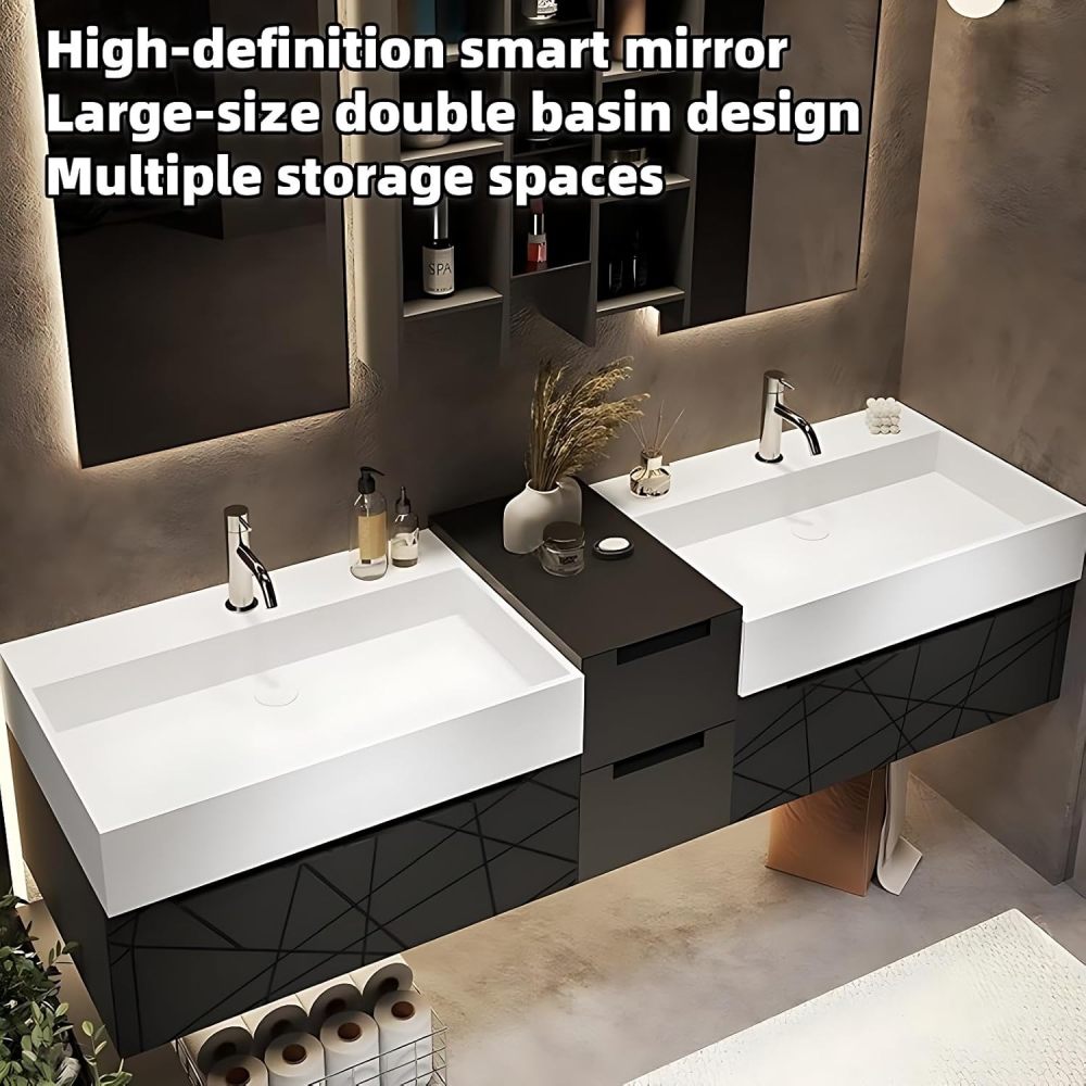 Bathroom Vanity with Sink - Modern Double Sink Bathroom Vanity, Floating Vanity with Smart Defogging Mirror, Floating Vanity Bathrooms -Multi-Layer Solid Wood Material (Black, 88")