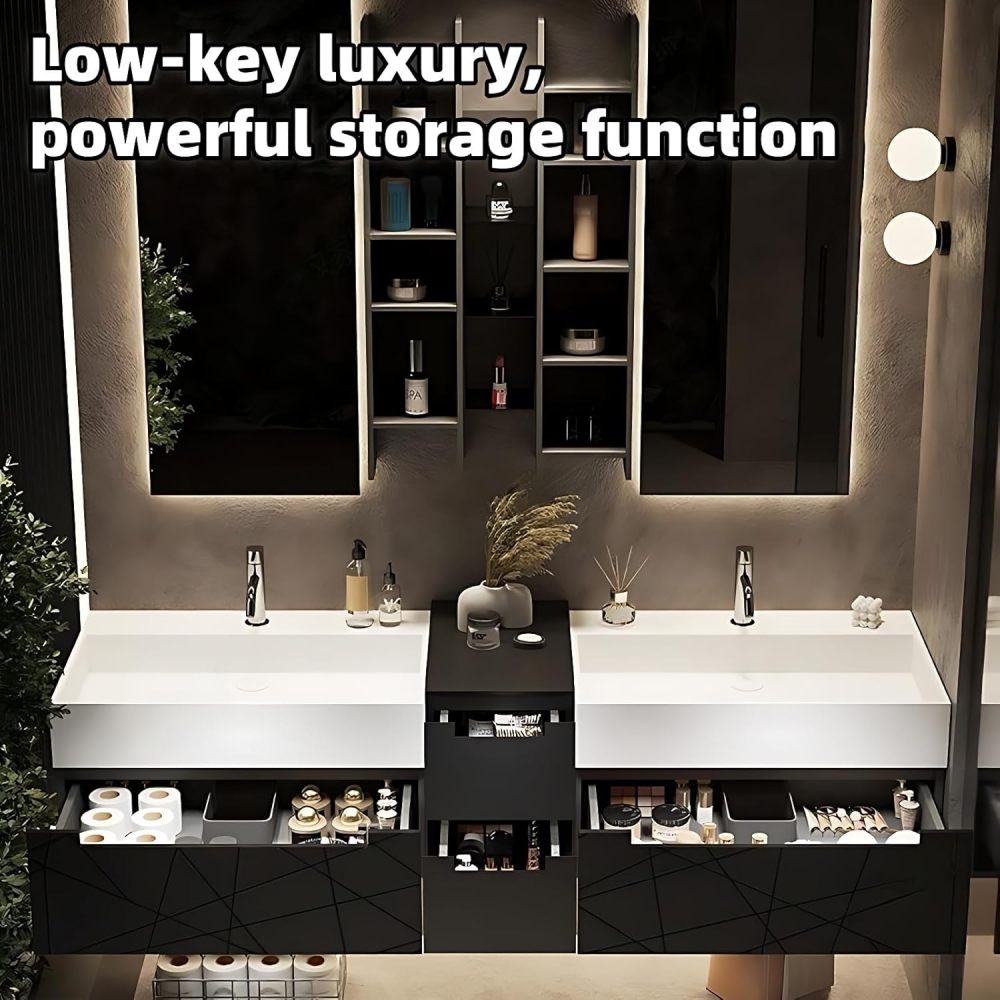 Bathroom Vanity with Sink - Modern Double Sink Bathroom Vanity, Floating Vanity with Smart Defogging Mirror, Floating Vanity Bathrooms -Multi-Layer Solid Wood Material (Black, 88")