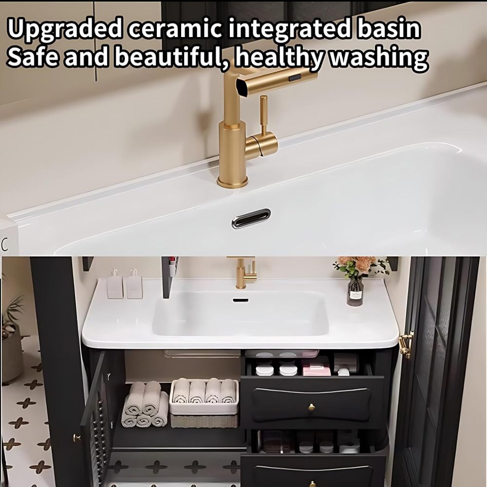 Bathroom Vanity with Sink - Modern Bathroom Sink Cabinet, Bathroom Vanities with Smart Mirror and Faucet -Multi-Layer Solid Wood Material (Black Wall Cabinet, 92")