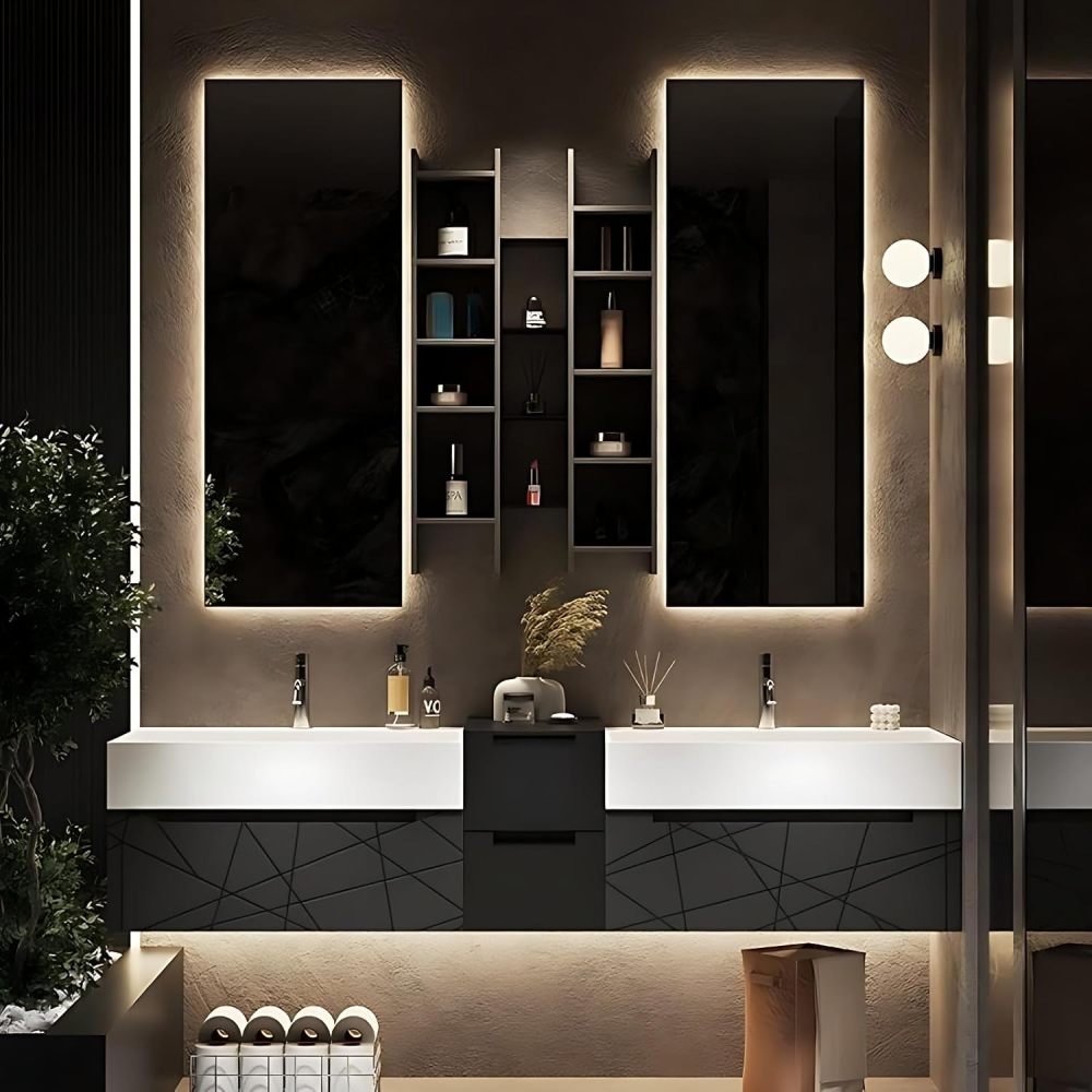 Bathroom Vanity with Sink - Modern Double Sink Bathroom Vanity, Floating Vanity with Smart Defogging Mirror, Floating Vanity Bathrooms -Multi-Layer Solid Wood Material (Black, 88")