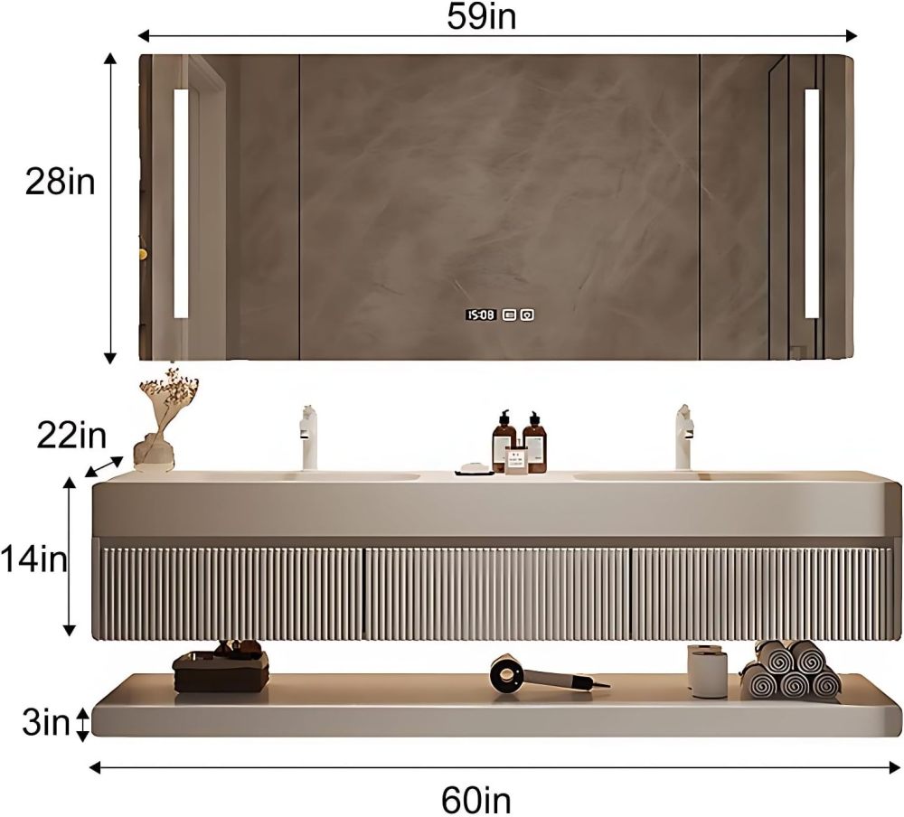 Bathroom Vanity with Sink - Double Sink Bathroom Vanity & LED Smart Defogger Mirror Cabinet Combination Set, Wall-Mounted Floating Vanity, with Faucets and Water Pipes (60")