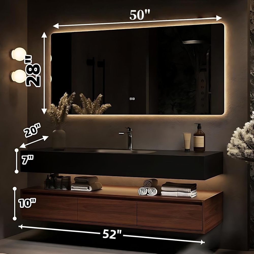 Bathroom Vanity with Sink - Elegant Bathroom Sink Cabinet, Floating Vanity with Smart Mirror, Bathroom Vanities Cabinet -Multi-Layer Solid Wood Material (52")