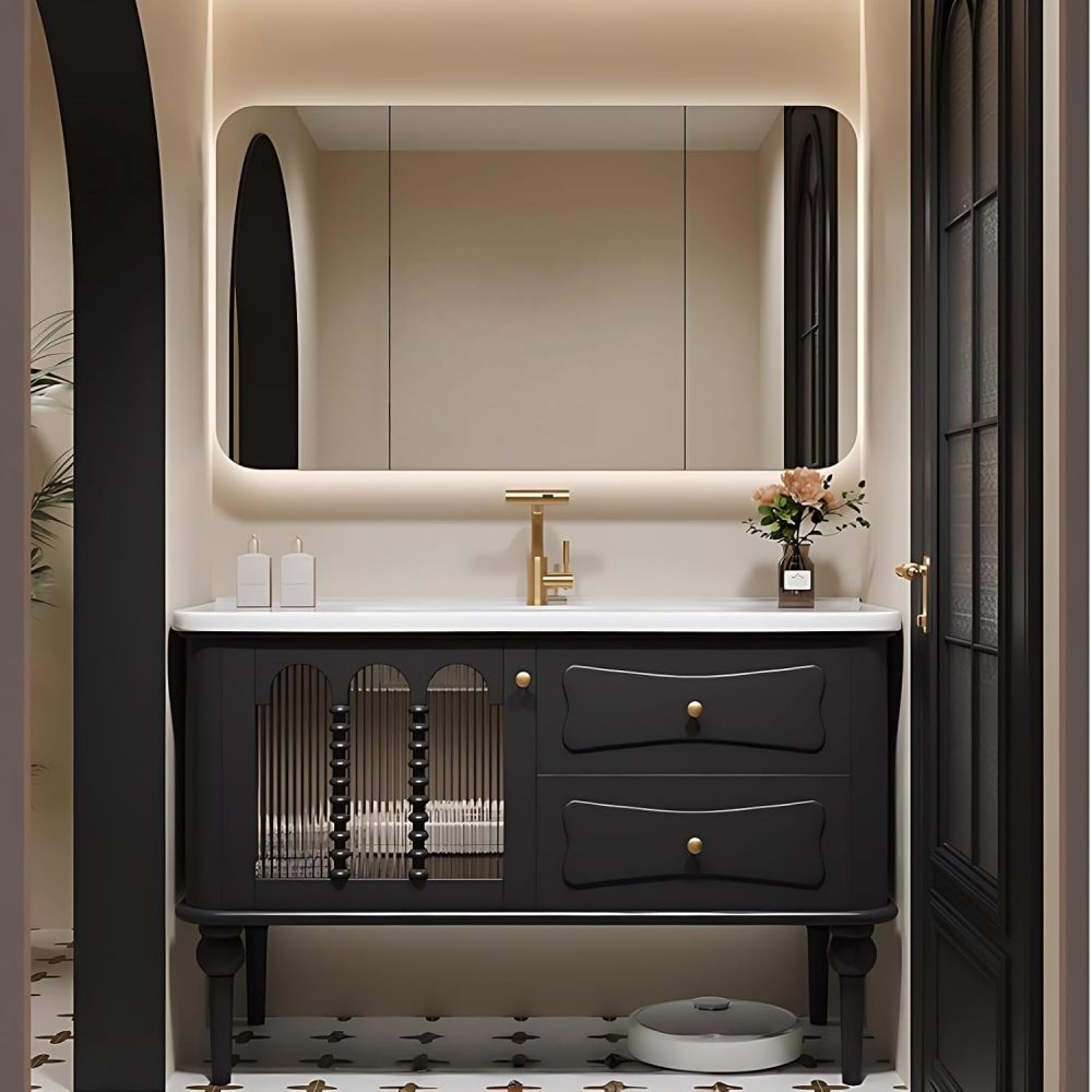 Bathroom Vanity with Sink - Modern Bathroom Sink Cabinet, Bathroom Vanities with Smart Mirror and Faucet -Multi-Layer Solid Wood Material (Black Wall Cabinet, 92")