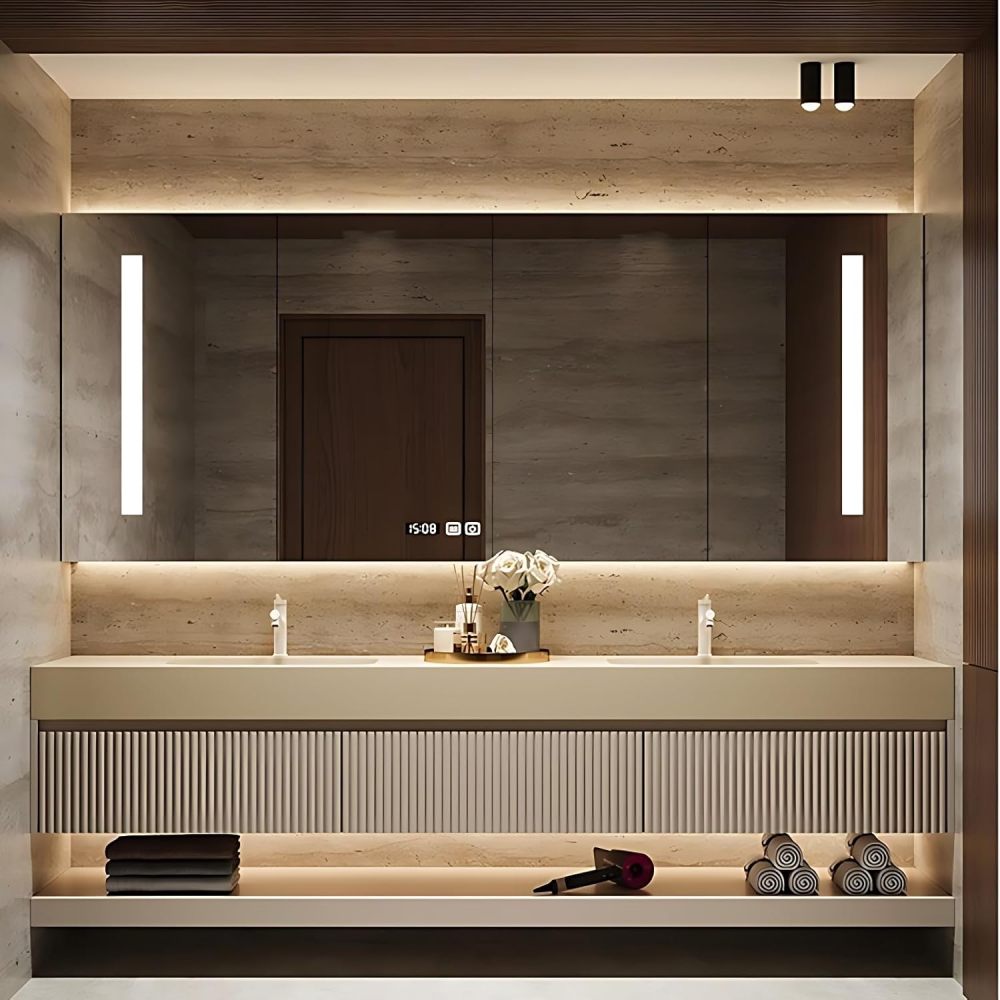 Bathroom Vanity with Sink - Double Sink Bathroom Vanity & LED Smart Defogger Mirror Cabinet Combination Set, Wall-Mounted Floating Vanity, with Faucets and Water Pipes (60")