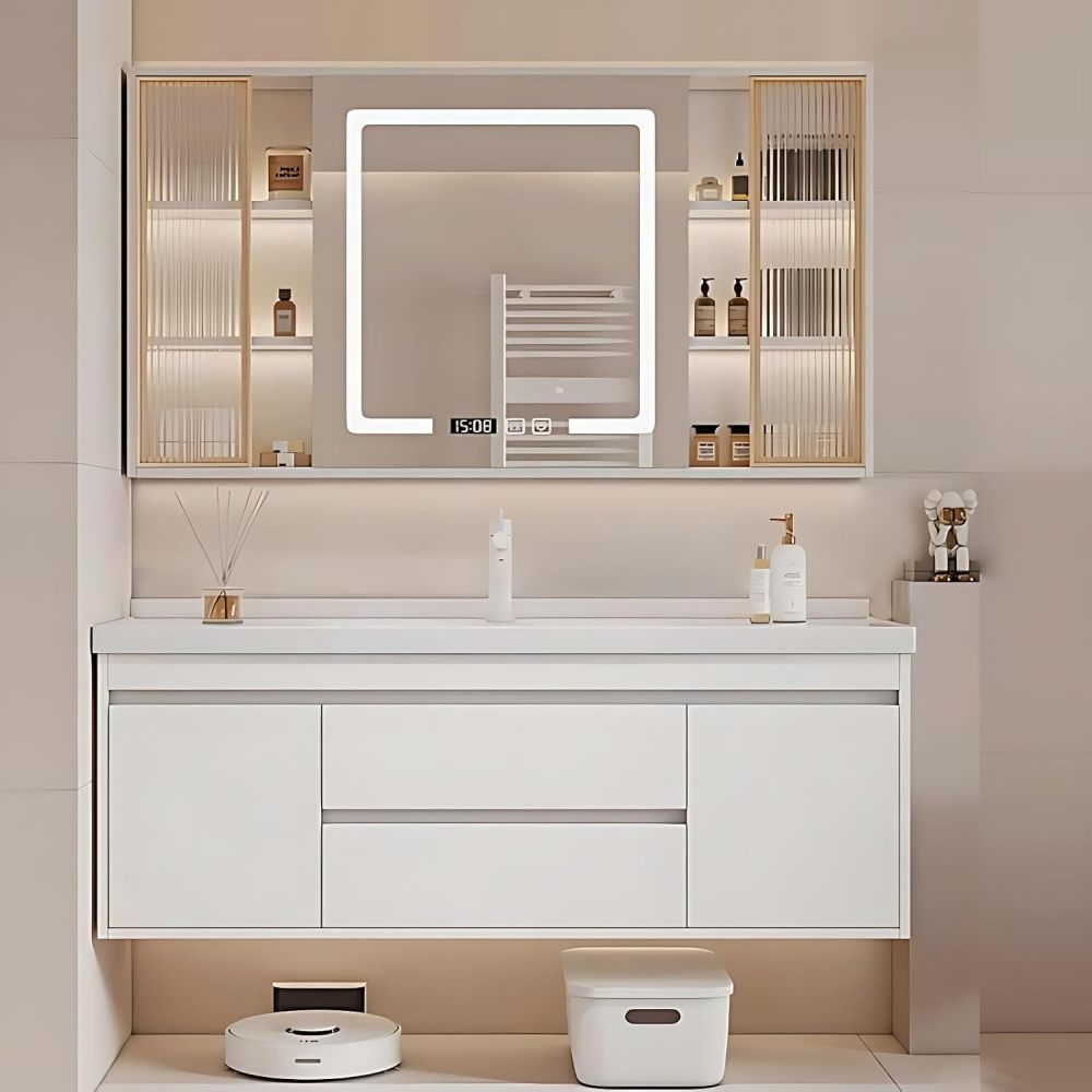 Bathroom Vanity with Sink - Stylish Bathroom Single Sink Cabinet, Modern Floating Vanity & Intelligent Fog-Free Mirror Cabinet | Solid Wood Material (White, 44")