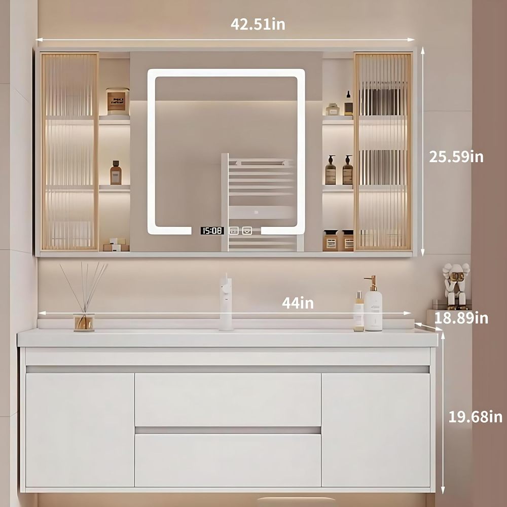Bathroom Vanity with Sink - Stylish Bathroom Single Sink Cabinet, Modern Floating Vanity & Intelligent Fog-Free Mirror Cabinet | Solid Wood Material (White, 44")