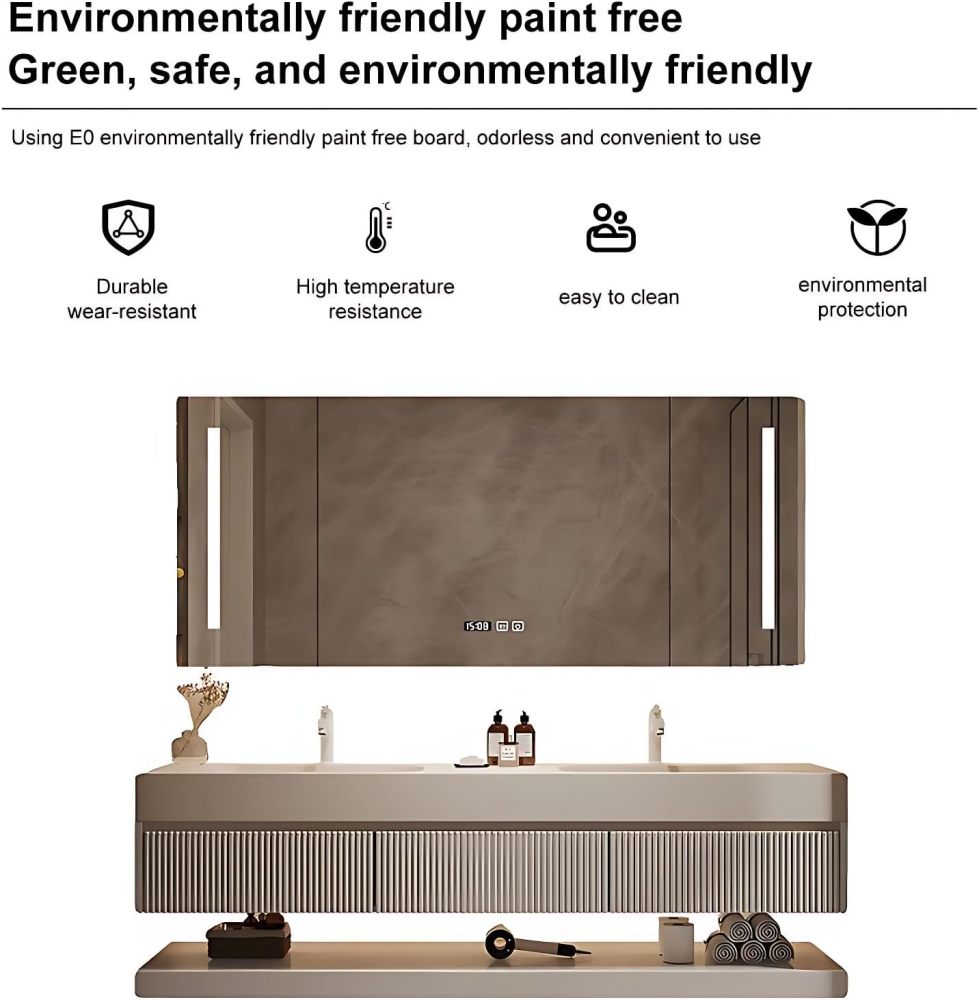 Bathroom Vanity with Sink - Double Sink Bathroom Vanity & LED Smart Defogger Mirror Cabinet Combination Set, Wall-Mounted Floating Vanity, with Faucets and Water Pipes (60")
