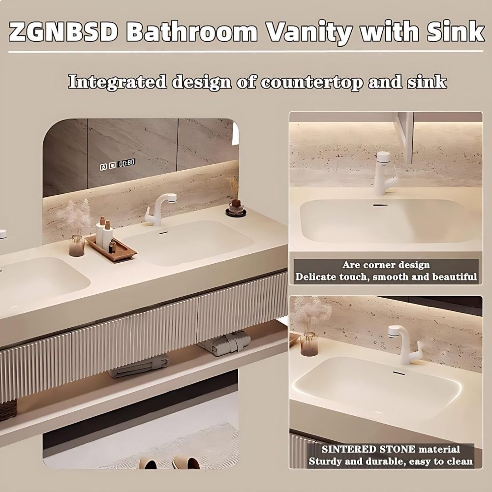 Bathroom Vanity with Sink - Double Sink Bathroom Vanity & LED Smart Defogger Mirror Cabinet Combination Set, Wall-Mounted Floating Vanity, with Faucets and Water Pipes (60")