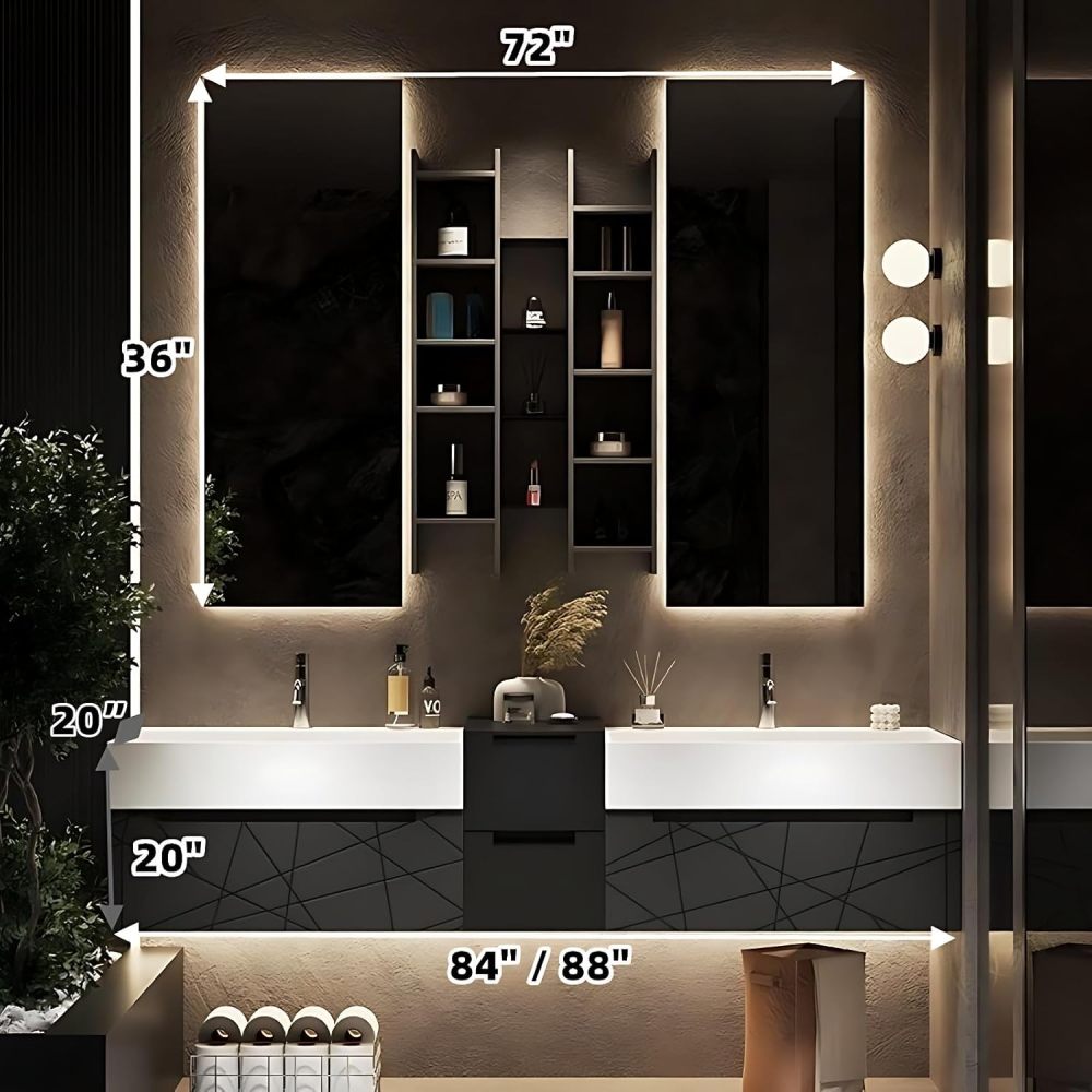 Bathroom Vanity with Sink - Modern Double Sink Bathroom Vanity, Floating Vanity with Smart Defogging Mirror, Floating Vanity Bathrooms -Multi-Layer Solid Wood Material (Black, 88")