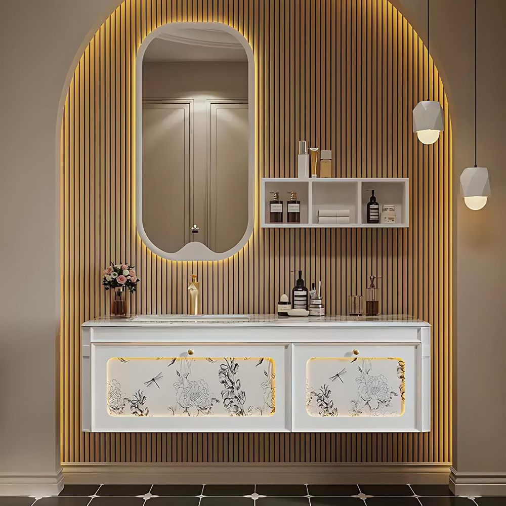 54IN Bathroom Vanity with Sink - Wall-Mounted Bathroom Sink Cabinet with Motion Sensor Light, Smart Anti-Fog Mirror, Water Proof, Customizable Size - Complete Accessories, White