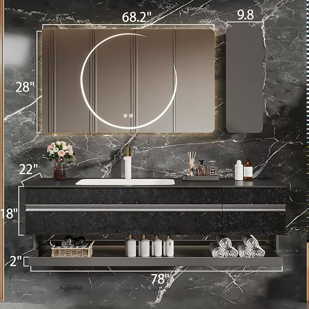 78IN Bathroom Vanity with Sink - Bathroom Sink Cabinet with Storage&Smart Defog Mirror, Floating Vanity, Multi Layer Solid Wood Panel, Custom Sizes - Complete Accessories, Black