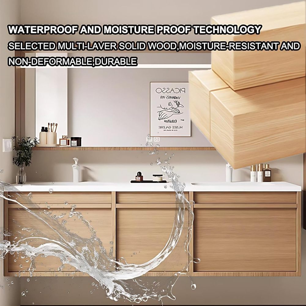 80IN Double Sink Bathroom Vanity - Bathroom Vanity with Anti-Fog Mirror Cabinet, One-Touch Defog, Solid Wood Bathroom Sink Cabinet with Multiple Storage Areas, No Assembly Required, Wood - B