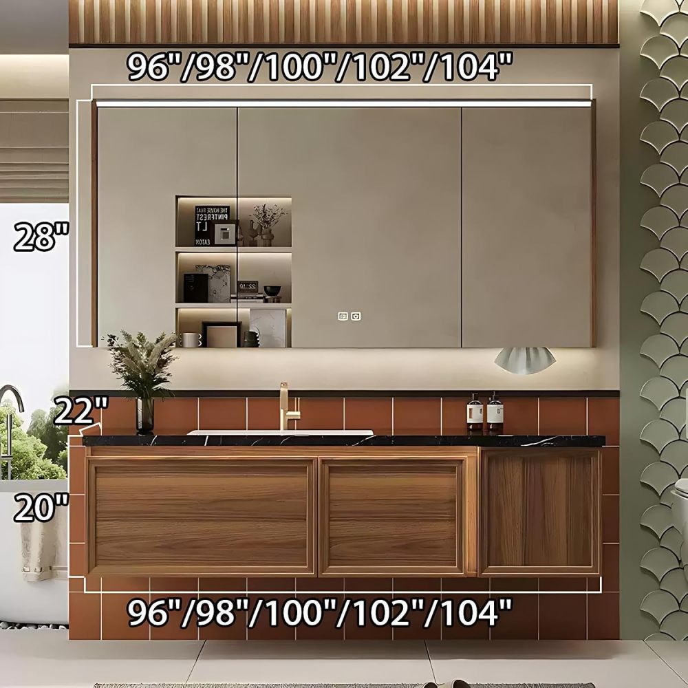 100IN Bathroom Vanity with Sink - Solid Wood Bathroom Vanity Cabinet with Smart Defog Mirror, Single Floating Sink, Waterproof, Customizable Size - Complete Accessories, Mirror Cabinet Brown