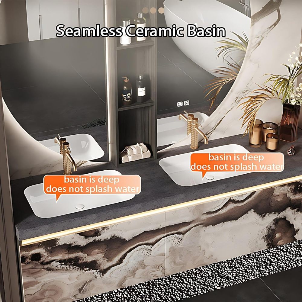 96IN Bathroom Vanity with Sink - Double Floating Sink, Solid Wood Bathroom Vanity Cabinet with Motion Sensor Light&Smart Anti-Fog Mirror, Customizable - Complete Accessories, Style A